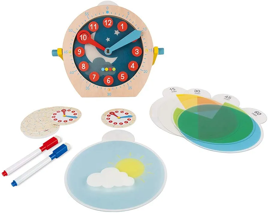 Janod Learn to Tell Time - Wooden Educational Teaching Clock - Ages 5+ - J05076