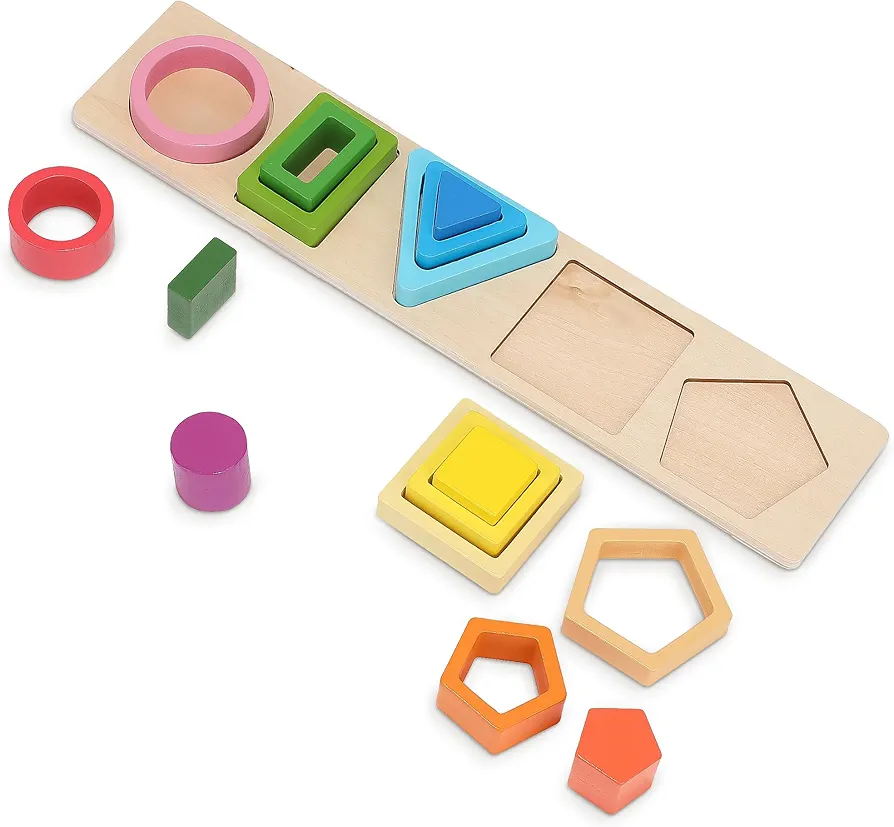 Wooden Shape Sorting & Stacking Toys for Toddlers, Montessori Toys with 20 Pcs Blocks of 5 Different Shapes and Colors to Fine Motor Skills - Learning Puzzles Gift for 1 2 3 Year Old Boys & Girls