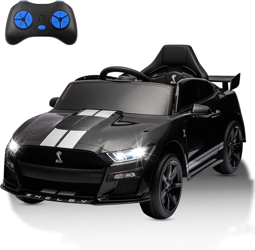 Licensed Ford Mustang Shelby GT500, 12V Kids Ride on Car, 3 Speeds W/Parent Remote Control, Electric Toy Gifts for Kids, LED Lights, Music, FM Radio, Safety Belt, Black