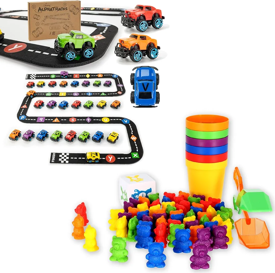 Learning Adventure Bundle: ABC Race Car Track & Skoolzy Toddler Toys for Multi-Sensory Exploration and Educational Fun!