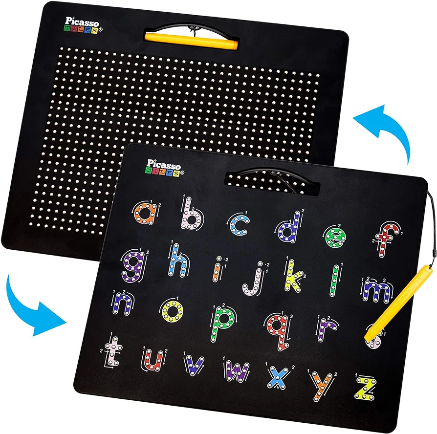 PicassoTiles 2-in-1 Magnetic Drawing Board Toy 12x10 inch Large Magnet Bead Tablet Pad with 2 Facings Alphabet STEM Free Style Educational Erasable & Reusable Learning Writing Playboard in Black PTB04