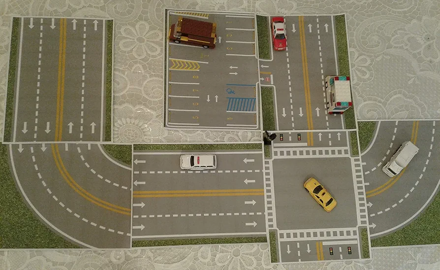 Vinyl Card Road Tiles Paper Road City Town Play Custom Driving Road and Parking Lot for 1/64 Ho Scale Car Track Builder for Kids Best Birthday Gifts Toys Boys Girls Ages 3+ Size of each Tile 12x 12 in