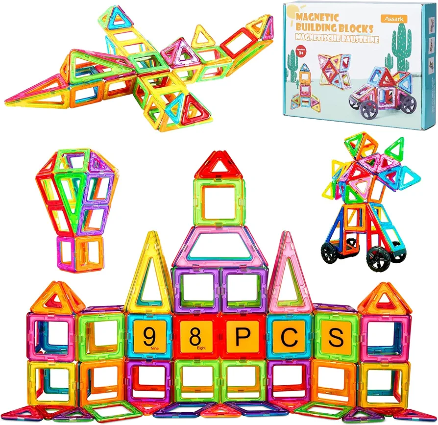 Magnetic Tiles, Magnetic Blocks Magnet Toys with 2 Cars, Kids Magnetic Building Blocks Set for 3 4 5 6 7 8+ Year Old Boys Girls, STEM Preschool Toys for Gift