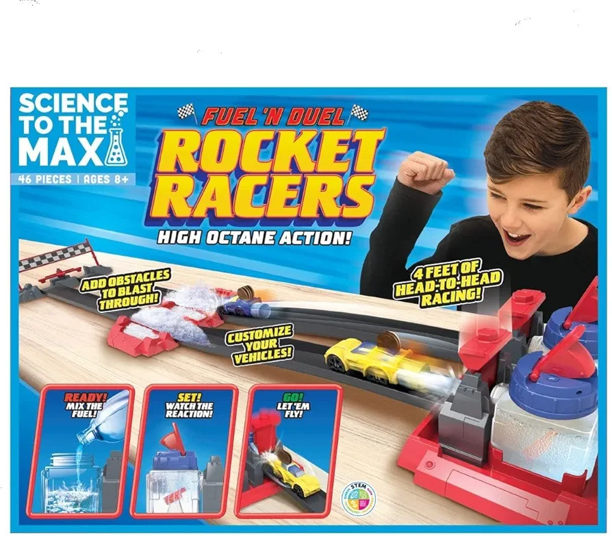 Be Amazing! Toys Science to The Max DIY Rocket Race Car Science Experiment for Kids & Teens - STEM Chemistry Kit for Boys and Girls - Make Your Own Water Race Rocket with Race Track for Ages 8+