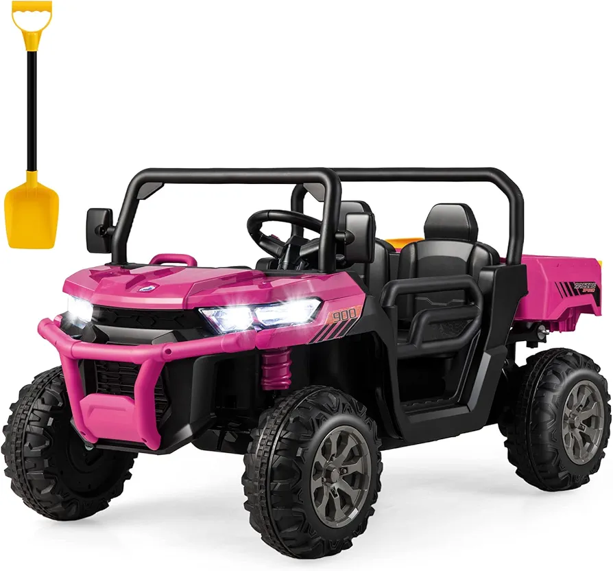 HONEY JOY 24V 2 Seater Ride on Car, Off-Road Electric Dump Truck w/Remote Control, Moving Dump Bed, Shovel, Music, Spring Suspension, Battery Powered Ride On UTV for Kids, Gift for Girls Boys (Pink)