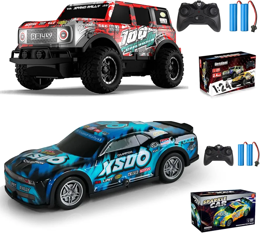 2PCS Remote Control Car, Light Up RC Car Toys, 2.4GHz 1:24 Scale 15KM/H Off-Road with Cool LED Lights Racing Rechargeable Toy Car for Christmas Birthday Kids Boys Girls for 4-7 8-12 Year Old