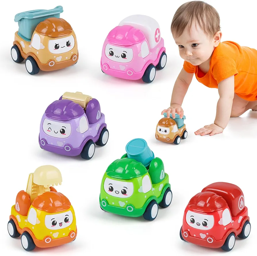 Baby Mini Car Toys for 1 Year Old Boy Gifts, 6 Sets Pull-Back Trucks for Toddlers Age 1-2, Infant Push and Go Friction Powered Vehicles, Early Educational First Birthday Gift for 12-18 Months Boy Girl