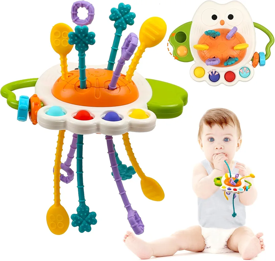 Baby Sensory Montessori Toys,Pull String Silicone Teething Baby Toys 6-12 Months, Birthday Gifts Travel Toys for for 1 2 Year Old Boy Girl