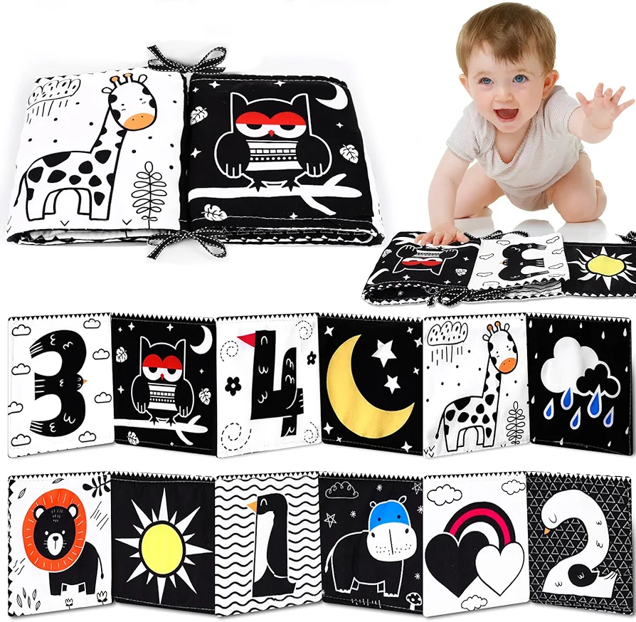 Newborn Toys Black and White High Contrast Baby Toys for 0-6, 6-12 Months, Early Education Baby Book with Numbers, Weather and Animals Signs, Tummy Time Toys, Baby Registry Search Gifts