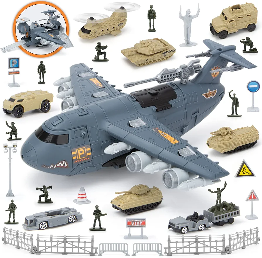 Military Airplane Toy, Army Toys Fighter Jet with 8 Vehicals, Army Men Trucks Airplanes Helicopter Car Kits Birthday Gift for Boys Age 4-7