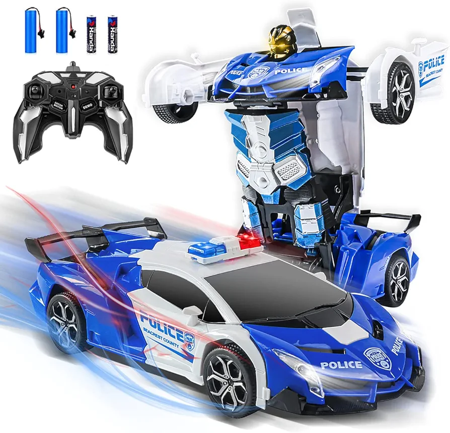 Remote Control Car, Gerilla Transform Robot RC Police Cars Contains All Batteries: One Button Deformation & LED Light & 360 Degree Rotating Drifting, Christmas Birthday