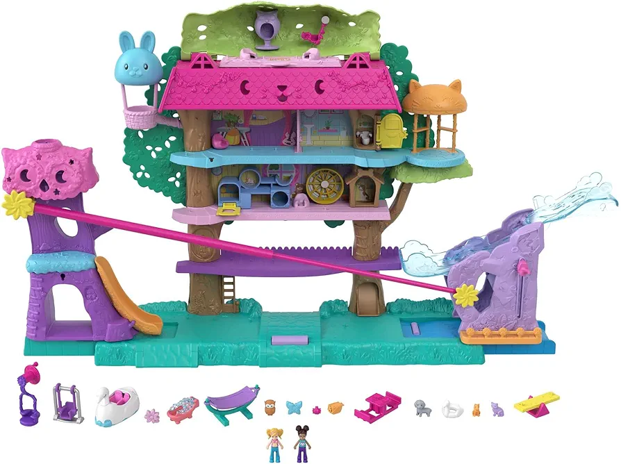 Polly Pocket Doll House with 2 Micro Dolls, Toy Car, Doll Furniture and 4 Pets, Expandable Pet Adventure House