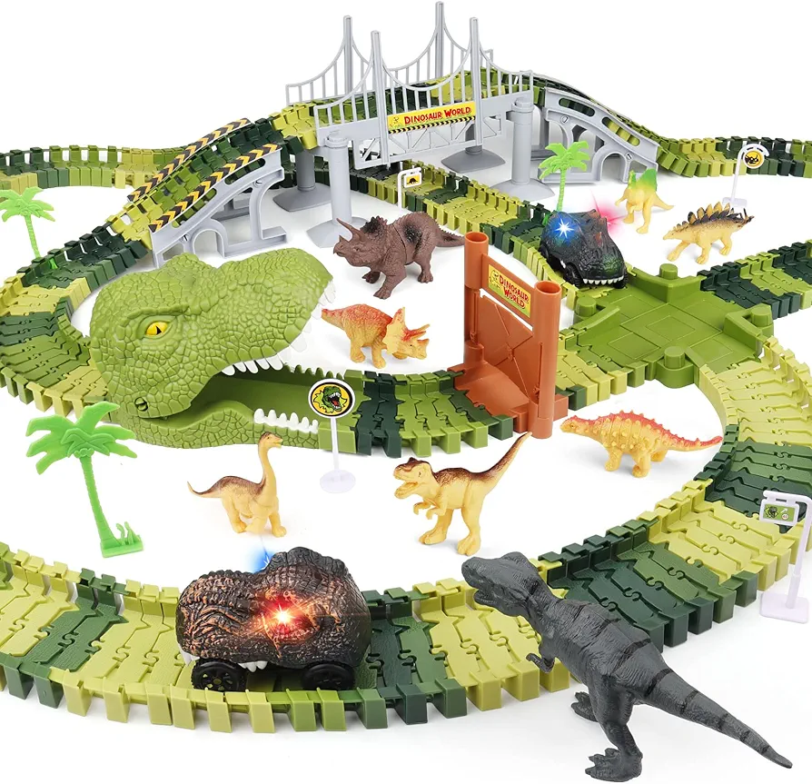 Dinosaur World Race Track Toys for Kids - Best Birthday Gifts for Age 3 4 5 6 7 year old Boys and Girls, PREPOP Deluxe Dino Sets, 220 pcs