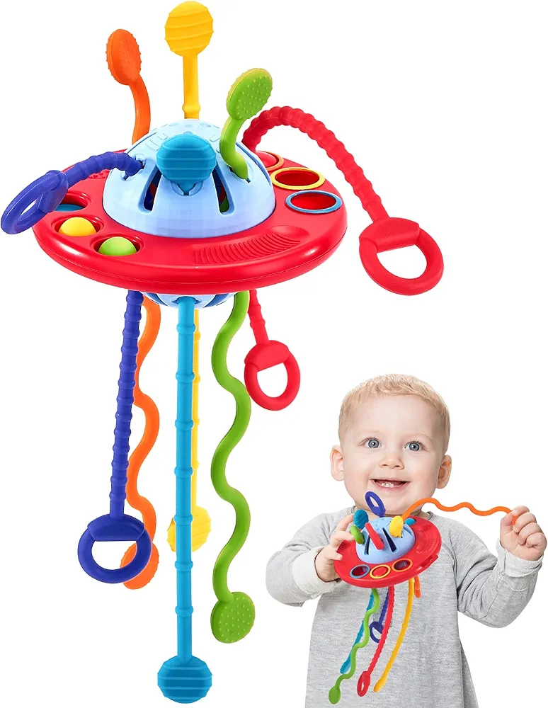 Toddler Toys - Silicone Pull String Toy for Toddlers 18M+ - Baby Fidget Montessori Toys - Sensory Plane Travel Toys