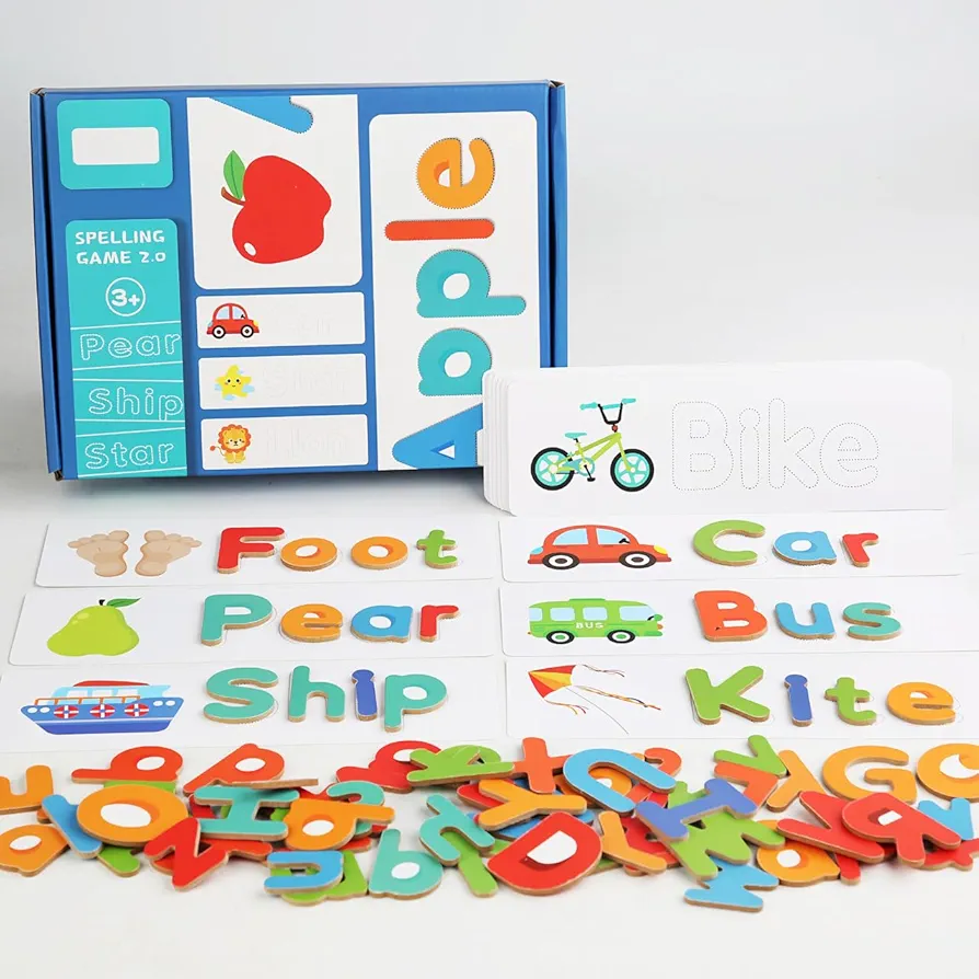 78pcs Word Spelling Toys Set, Matching Alphabet Game, See and Spell Learning Toys, Montessori Puzzles Games for Boys and Girls Preschool Education with 33pcs Learning Flash Cards