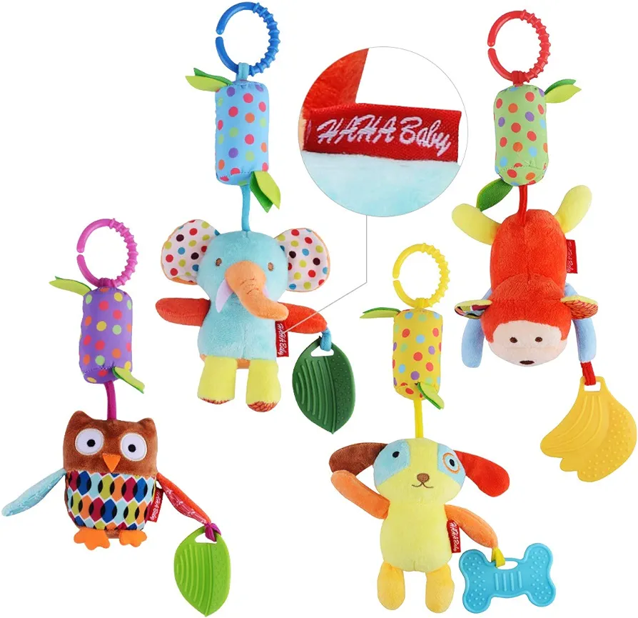 Toys for 0 3 6 9 to 12 Months, Soft Hanging Crinkle Squeaky Sensory Learning Toy Infant Newborn Stroller Car Seat Crib Travel Activity Plush Animal Wind Chime with Teether for Boys Girls