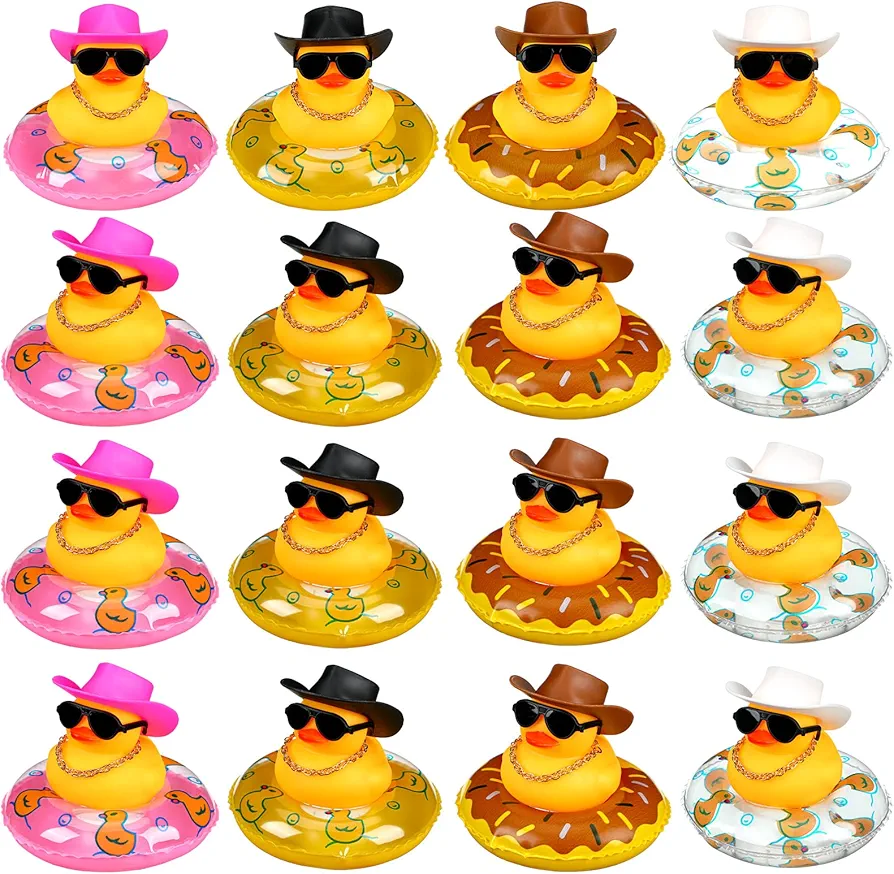 Set of 12 Cowboy Rubber Duck Mini Rubber Duckies with Mini Cowboy Hat Swim Circle Necklace Sunglasses for Bathtub Toys Car Dashboard Decoration Accessories Baby Shower Birthday Swimming Party Favor