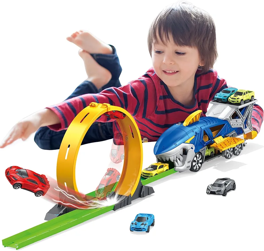 Toy Vehicle Playsets Carrier Truck Race Track Toy Set for Kids Ages 5-7 3-6 - with Ejection Big Loop Shark Truck, 6 pcs Race Cars, Transport Truck Set Birthday Gift for 3 4 5 6 7 8 Years Boys Girls