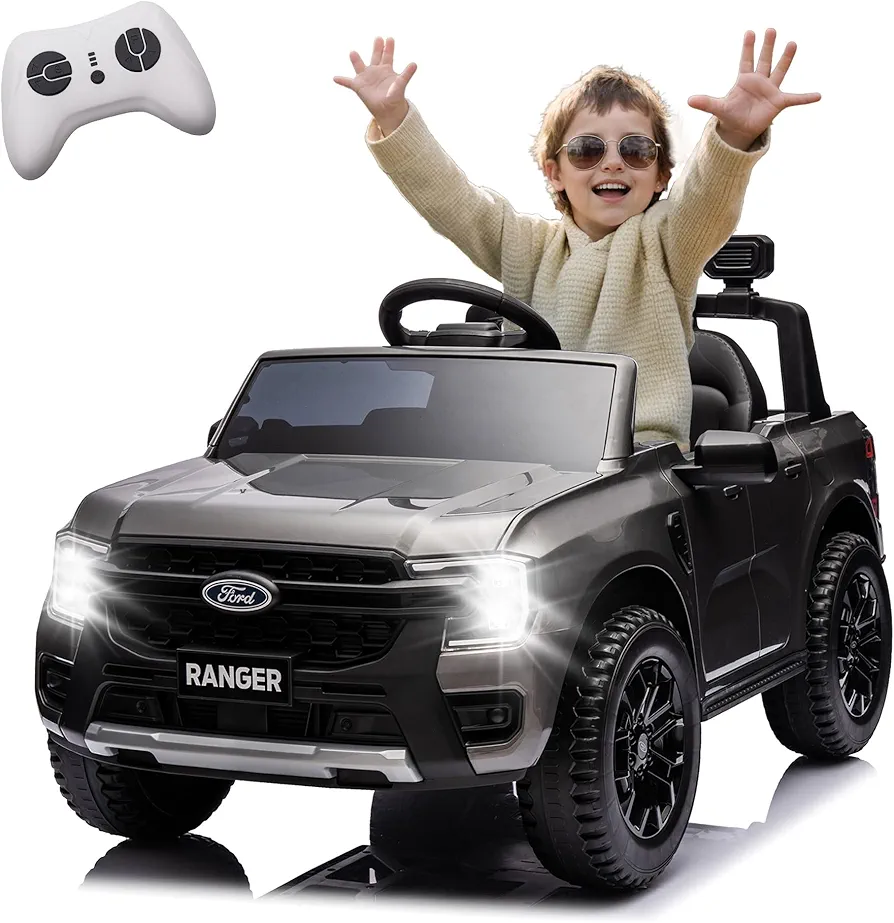 Licensed Ford Ranger Kids Ride On Truck Electric Car w/Parent Remote Control, 12V Ride on Car w/Music & Bluetooth, LED Lights, Soft Start, Gift for Kids Ages 3-6 (Gray)