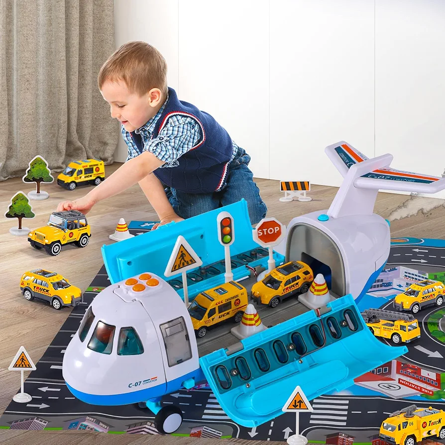 IHAHA Spray Airplane Toys for Boys Girls, Large Transport Cargo Airplane with 6 Construction Vehicle 10 Road Signs 1 Play Mat, Plane Toy with Lights Sounds for Boys Age 3 4 5 6