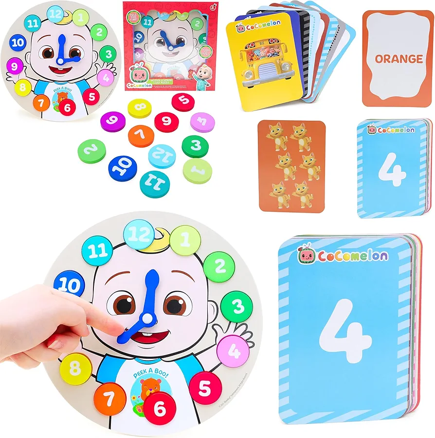 Toyland® Cocomelon Wooden Learning Clock Puzzle - Cocomelon My First Learning Cards! Learn Colours, Numbers & Shapes