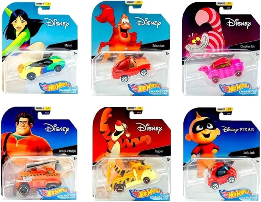 Hot Wheels Set of 6 Disney/Pixar Character Cars, Series 7, 1/64 Collectible Die Cast Toy Cars, with Mulan, Sebastian, Cheshire Cat, Wreck-It Ralph, Tigger, and Jack Jack