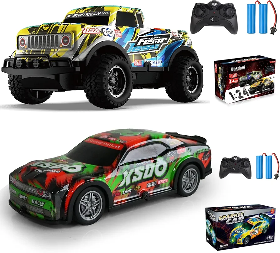 2PCS Remote Control Car, Light Up RC Car Toys, 2.4GHz 1:24 Scale 15KM/H Off-Road with Cool LED Lights Racing Rechargeable Toy Car for Christmas Birthday Kids Boys Girls for 4-7 8-12 Year Old