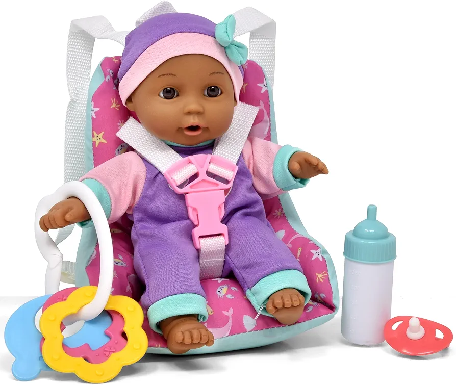 Baby Doll Car Seat with Toy Accessories, includes 10 Inch Soft Body Baby Doll, Booster Seat Carrier, Rattle Toy, Bib and Bottle, A Travel Gift Set for Toddlers Infants Girls and Boys