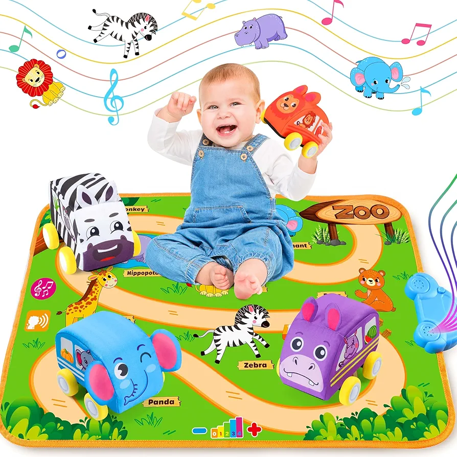 Baby Car Toys for 1 Year Old Boy with Musical Playmat, Animal Sounds and Pull Back Vehicles for Toddlers 1-3, Soft Baby Learning Toys 12-18 Months, 1st Birthday Gifts for One Year Olds