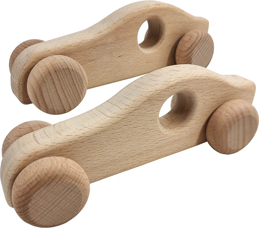 2 Pack - Wooden Cars for Toddlers & Babies, Montessori Baby Rattles Teething Toys