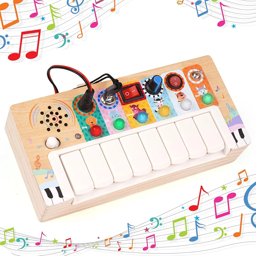 LED Music Busy Board Wooden Sensory Toys Light Switch Toys Montessori Music Toy with 8 piano keys 6 Led Light Travel Activity Educational Toys Preschool Learning Activities Toy Boys and Girls Ideal