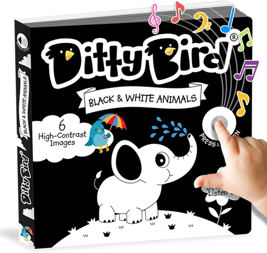 Ditty Bird High Contrast Black & White Baby Book | Early Learning Resources with Sound | Visual Stimulation & Tummy Time Sensory Toys | Montessori Toys for Babies | Sturdy, Baby Books for Boys & Girls