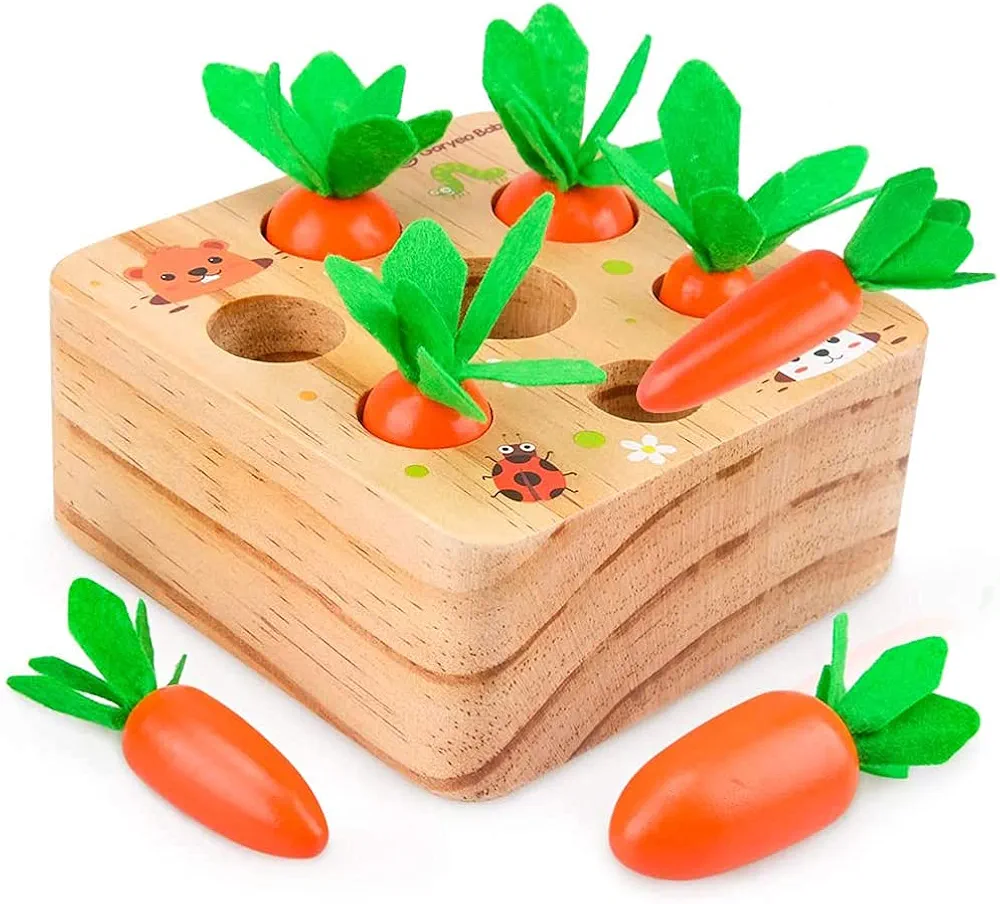 Wooden Educational Toys for 1 2 3 Year Old Boys Girls, Carrots Harvest Montessori Shape Size Matching Game for Fine Motor Skill Preschool Learning Gifts (Carrots Harvest)