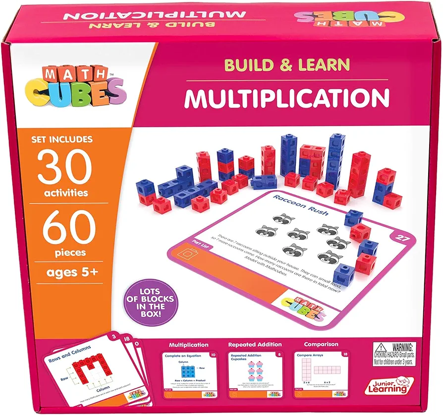 Junior Learning: Mathcubes - Multiplication - 30 Activity Set, Build & Learn, Blocks & Boards Hands On Math, Developmental & Education, Kids Ages 4+