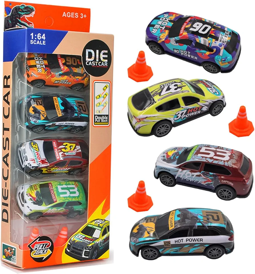 4Pack/10Pack Pull Back Racing Cars Die cast Race Car Vehicles,3 Inch Metal Friction Powered Car Toys Double Pull Back Cars for Toddlers (4Pack)