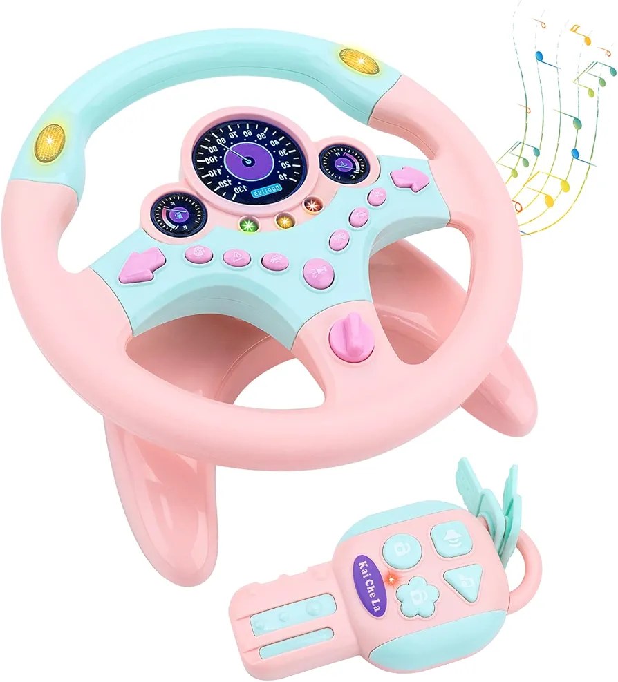 deAO Kids Steering Wheel for Backseat with Car Key Pretend Driving Simulated Driving Steering Wheel Toy with Light and Music Gifts for Kids Pink