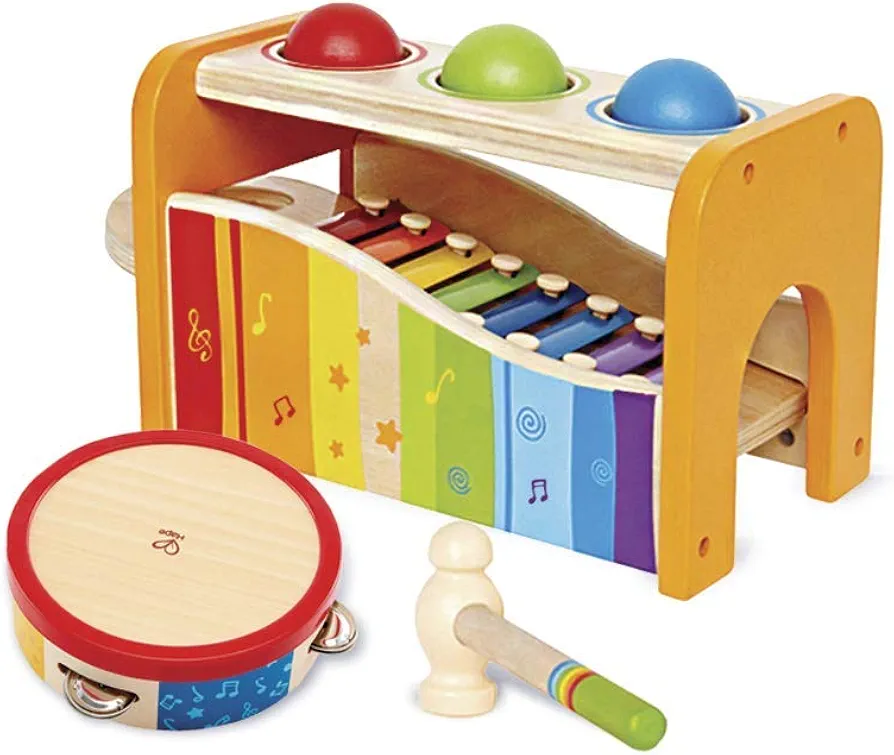 Hape Pound, Tap, & Shake! Music Set - Award Winning Wooden Pounding Bench, Baby Xylophone, and Tap Along Tambourine - Developmental, Non-Toxic, Montessori Musical Toys for Toddlers 1 - 4 Years Old