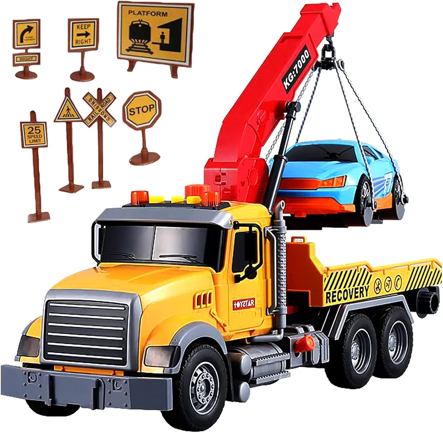 15" Tow Truck Toy with Hooks and Car for Kids Boys Girls Friction Powered Truck Toy with Sound and Lights