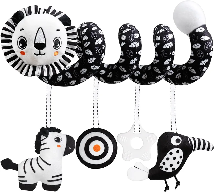 Baby Carseat Toy Black & White Rattle Spiral Hanging Activity Stroller Toy for Newborns Boys and Girls - Lion