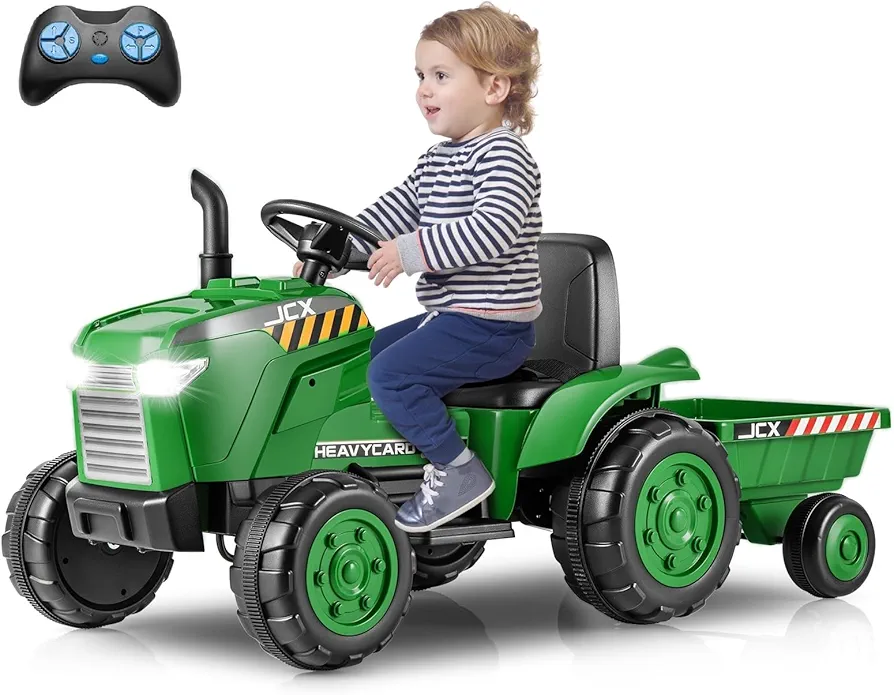 OLAKIDS 12V Kids Ride on Tractor, Battery Powered Motorized Electric Car with Trailer, Dual Motors, Remote Control, Light, Music, USB, Toddler Vehicle Toys for Boys Girls (Green)