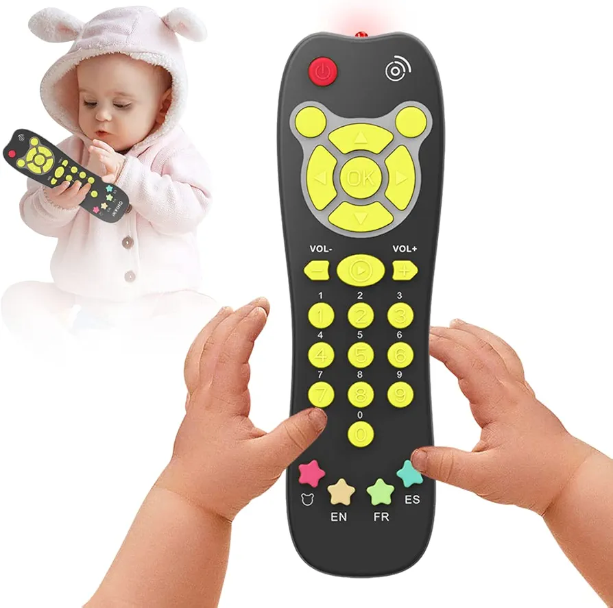 Baby TV Remote Toy, Toddlers Remote Control Toy Kids Realistic Play Remote Early Educational Baby Musical Toys with Light and Sound English French Spanish for Infant Boys Girls 6 Month+, Black